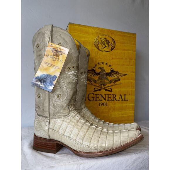 El General Cowboy Boots Exotic Leather Ivory Croc Back Mens Sz 6.5 - Picture 3 of 11